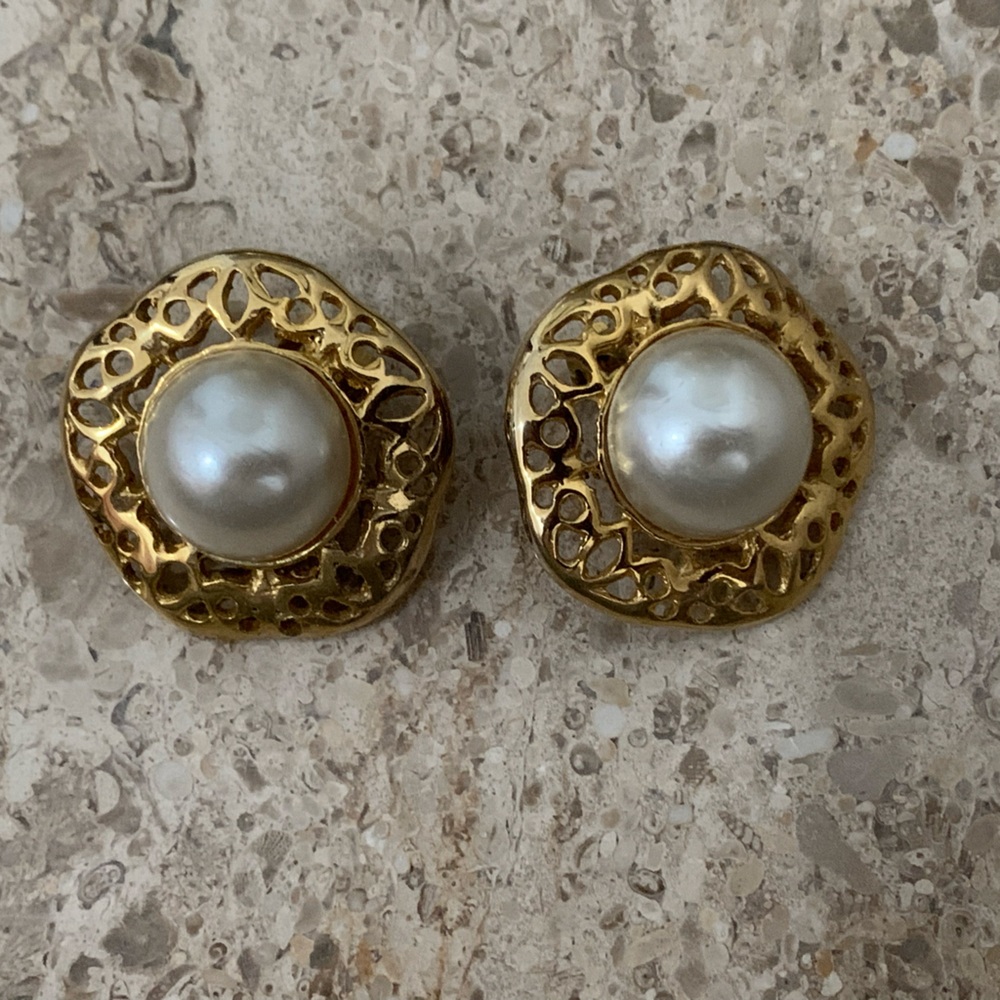 Large White Faux Pearl and Gold Clip On Earrings